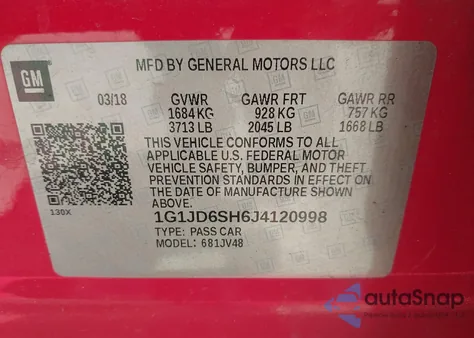 2018 Chevrolet Sonic Lt Auto from USA, damaged, VIN 1G1JD6SH6J4120998